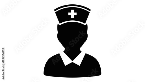 Nurse icon silhouette with medical cap and cross symbol isolated on white background.