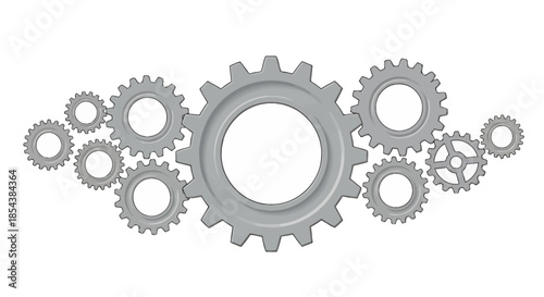 A clean, grey vector illustration showcasing a complex arrangement of interlocking gears, symbolizing connection, teamwork, and intricate mechanical processes.