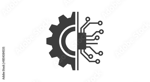 An isolated vector illustration depicts a gear merging with a circuit board, symbolizing the integration of mechanical and digital technologies for modern engineering.
