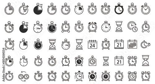 A comprehensive collection of minimalist vector time icons, featuring stopwatches, alarm clocks, hourglasses, and calendars, ideal for digital interface designs.