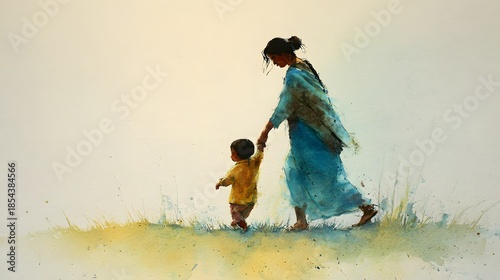 Watercolor Painting of a Mother Guiding Her Child Across Fields