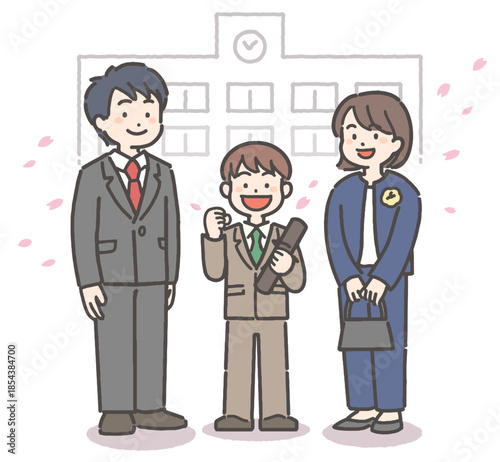 桜吹雪の中、卒業証書を持って笑顔の、男の子の小学生と家族