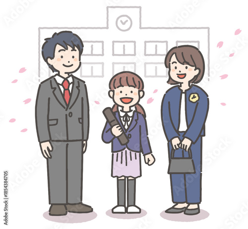 桜吹雪の中、卒業証書を持って笑顔の、女の子の小学生と家族