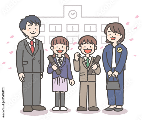 桜吹雪の中、卒業証書を持って笑顔の、男の子と女の子の小学生と家族