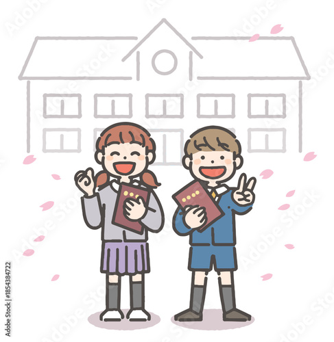 桜吹雪の中、卒園の証書を持って笑顔の男の子と女の子の園児