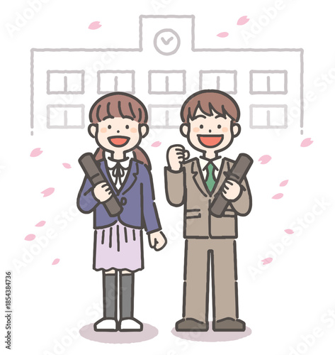 桜吹雪の中、卒業証書を持って笑顔の、男の子と女の子の小学生