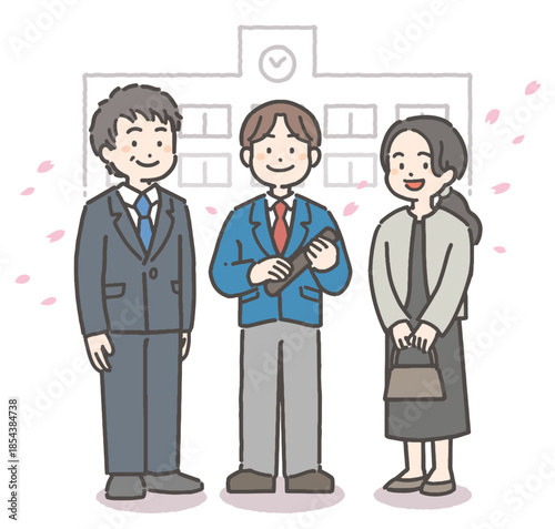 桜吹雪の中、卒業証書を持って笑顔の、男子中学生・高校生と家族