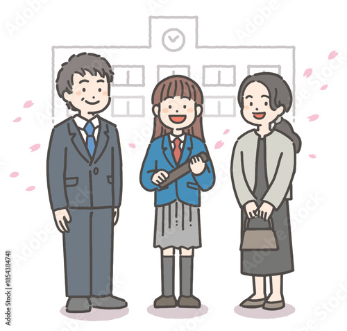 桜吹雪の中、卒業証書を持って笑顔の女子中学生・高校生と家族