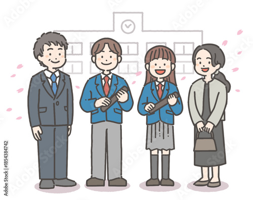 桜吹雪の中、卒業証書を持って笑顔の、男子と女子の中学生・高校生と家族