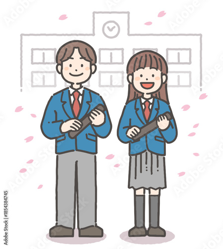 桜吹雪の中、卒業証書を持って笑顔の、男子と女子の中学生・高校生