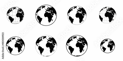 Black and white Earth globe vector icons set showing the continents and global connections, isolated on a white background for geography and business concepts.