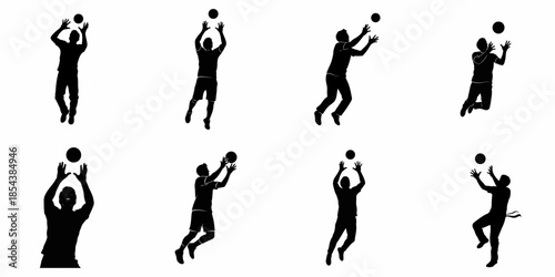 Collection of eight volleyball players silhouettes jumping and reaching for the ball, illustrating dynamic sport action on a white background.