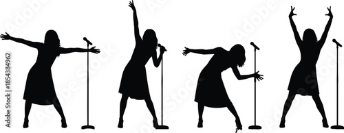 Black silhouette of female singers performing on stage with microphones, women vocalists group in dresses, musical concert performance, karaoke party and entertainment show.