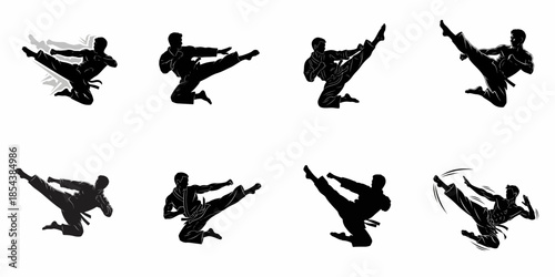 Dynamic black silhouettes set of eight martial arts fighters performing high flying kicks, symbolizing power, agility, and combat sport action on a white background.