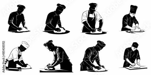 Black and white chef and baker kneading dough silhouettes set for food, bakery, and restaurant logos or icons, perfect for culinary branding.