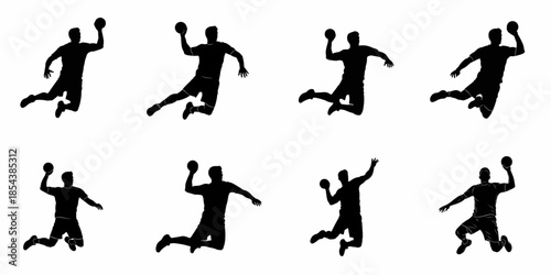 Collection of eight male handball player silhouettes performing dynamic jump shots and throwing actions, isolated against a white background.