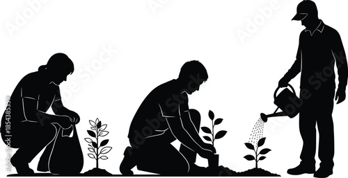 Black silhouette of people gardening and planting young trees, volunteers working in nature, watering plants with a watering can, vector illustration, isolated