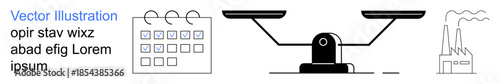 Justice, time management, industrial processes, decision-making, business planning, ethics. A balance scale, calendar and factory outline. Justice and time management concepts visually