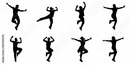Eight energetic dancers in mid-air poses, black silhouette vector illustration set on a white background, symbolizing freedom and movement.