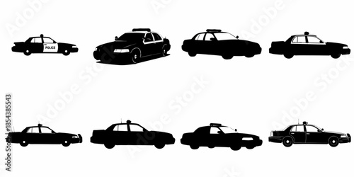 Set of eight black and white silhouettes and icons depicting various classic American police patrol cars, including Crown Victoria models, isolated on white background.