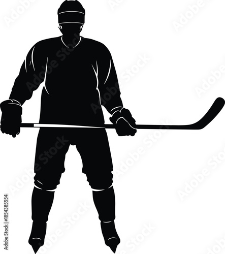 Black silhouette of professional ice hockey player standing with stick, wearing full equipment and helmet, isolated vector illustration on white background for sports design