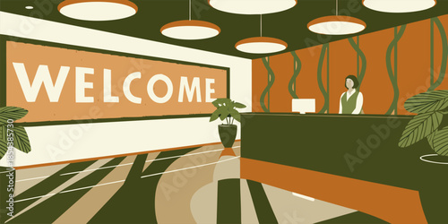 Modern Reception with Large Digital 'WELCOME' Sign, Corporate Style