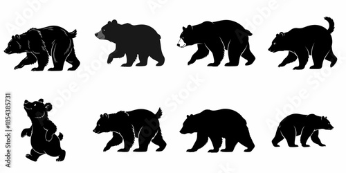 Collection of black bear silhouettes and stylized vectors in various walking and standing poses, suitable for logo or design elements.