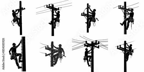 Black Silhouettes Set of Linemen and Electricians Working on Utility Power Poles and High-Voltage Cables.