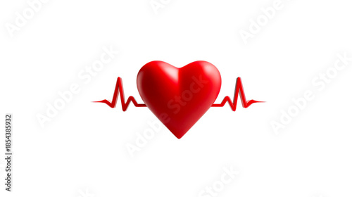 Vibrant glossy red heart icon linked with an active heartbeat pulse line for depicting medical care, healthy lifestyle, romance, or cardiology concepts in digital media