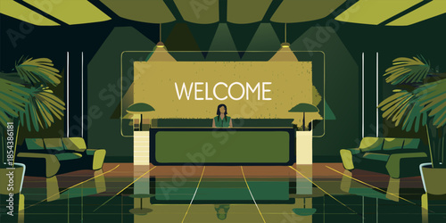 Modern Reception with Large Digital 'WELCOME' Sign, Corporate Style