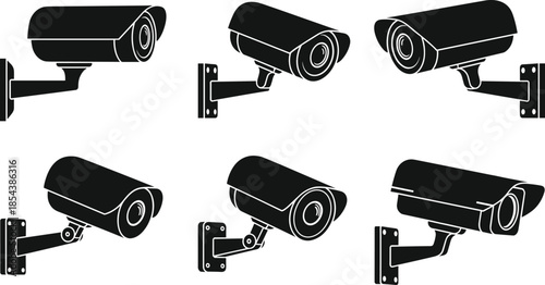 Black silhouette set of security cameras and CCTV surveillance icons, building safety and monitoring equipment, protection and private property, vector illustration, isolated