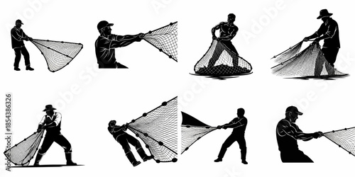 Eight Black and White Vector Silhouettes of Fishermen Hauling Fishing Nets, Illustrating Hard Work, Commercial Fishing, and Maritime Labor.