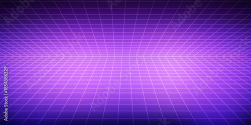 Neon wireframe horizon background. Light purple grid room floor in perspective. Glow violet retro futuristic wallpaper. Abstract checkered plane landscape. Game floor surface. Vector backdrop