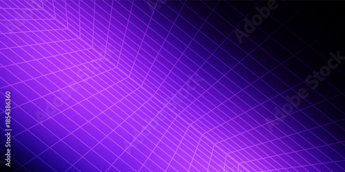 Neon wireframe horizon background. Light purple grid room floor in perspective. Glow violet retro futuristic wallpaper. Abstract checkered plane landscape. Game floor surface. Vector backdrop