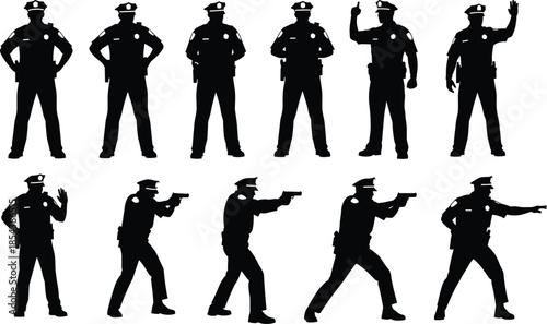 Black silhouettes of police officers in various poses, law enforcement security personnel set, cop aiming gun and standing, vector illustration, isolated icons
