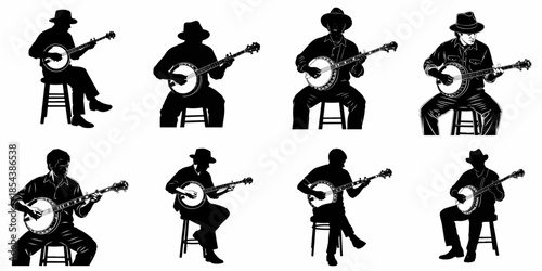 Collection of Banjo Player Silhouettes: Eight unique vector illustrations of men sitting and performing traditional folk, bluegrass, and country music.