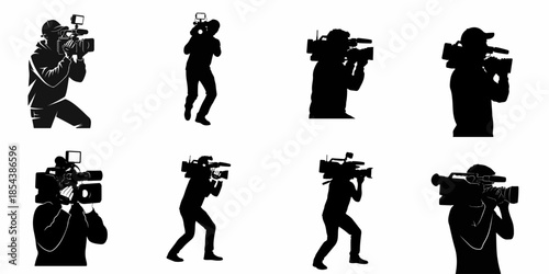 A collection of eight black silhouettes depicting professional cameramen, videographers, and news reporters operating broadcast video cameras.