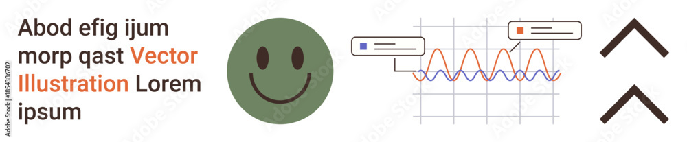 Fototapeta premium Data analysis, communication, positivity, progress tracking, digital interface, trends. Green happy, grid graph and arrows. Data analysis and communication concept with icons and symbols