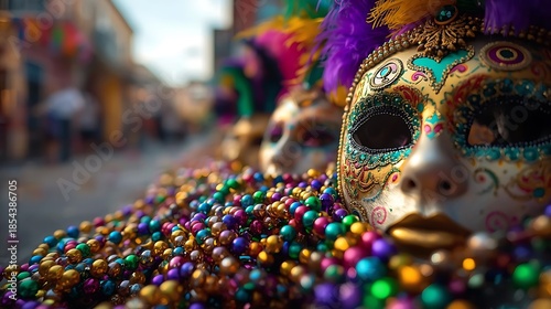 Traditional carnival beads in purple, green and gold colors.