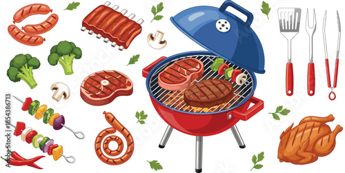 Collection of BBQ grill vector illustrations featuring red kettle charcoal grill steak ribs sausages chicken skewers vegetables and grilling tools on white background