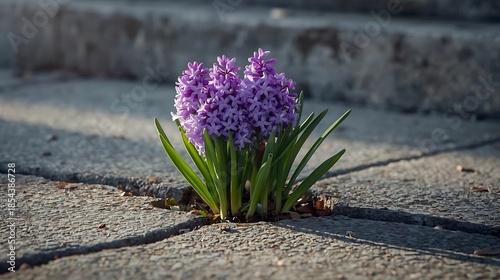 Purple hyacinth flower growing through cracked concrete pavement.