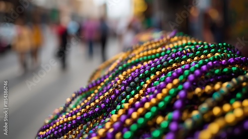 Colorful Mardi Gras beads close up with blurred street background.