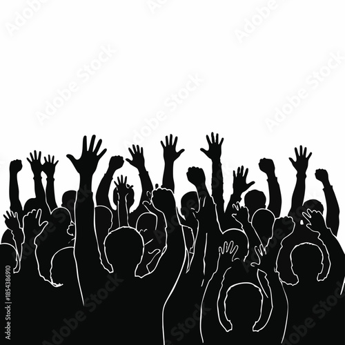 Crowd hands up applauding people celebrating together.