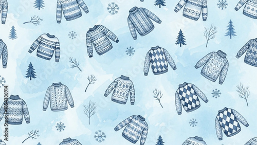 Seamless Winter Sweater Pattern with Nordic Knitted Jumpers and Snowflakes