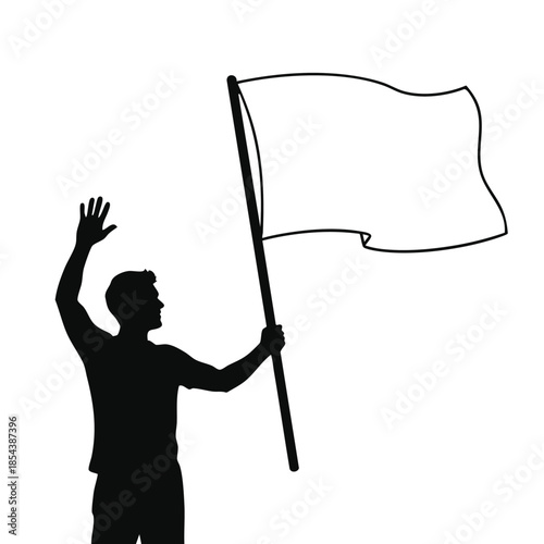 Silhouette Waving Blank Flag Victory Celebration Announcement.