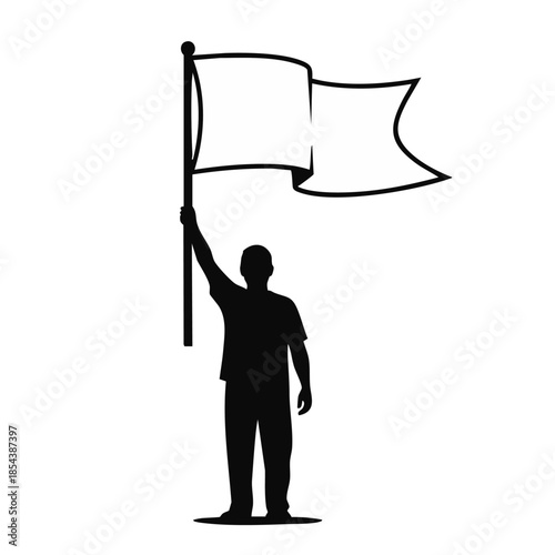 Person Holding Blank White Flag Silhouette Symbol of Surrender or Peace.