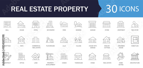 Real Estate Property & Home Line Icon Set. Features icons of estate, mortgage, plan, property and Contract. Perfect for broker websites, property apps, and architecture.