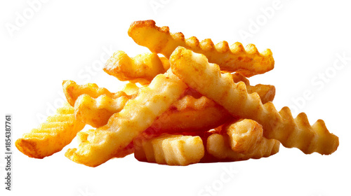 Delicious golden crinkle cut french fries piled high for a savory snack, perfect for restaurant menus, fast food promotions, or culinary blog posts.