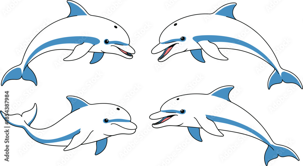 Naklejka premium Collection of cute blue and white dolphin vectors featuring various swimming poses and jumping movements isolated on a clean white background set.