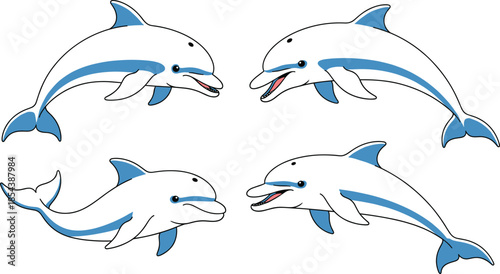 Collection of cute blue and white dolphin vectors featuring various swimming poses and jumping movements isolated on a clean white background set.